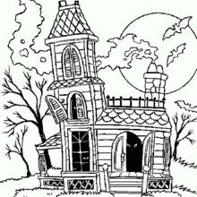 Coloriage Maison hantée à tour, visage lumineux et fumée Coloriage Maison hantée à tour, visage lumineux et fumée