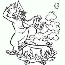 Coloriage Sorcière préparant une potion dans son chaudron
