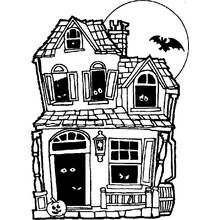 Coloriage Maison hantée avec yeux effrayants et pleine lune