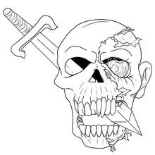 Coloriage Crâne mi-squelette mi-visage déchiré avec poignard