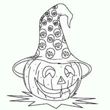 Coloriage Citrouille d'Halloween coiffée d'un chapeau de sorcière à crânes