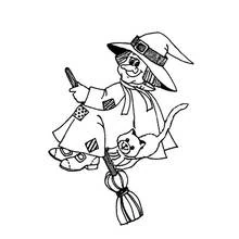 Coloriage Sorcière souriante en robe rapiécée et chat accroché Coloriage Sorcière souriante en robe rapiécée et chat accroché