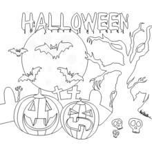 Coloriage Citrouilles d'Halloween sous une lune aux chauves-souris