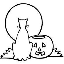 Coloriage Chat silhouette avec citrouille et pleine lune Coloriage Chat silhouette avec citrouille et pleine lune