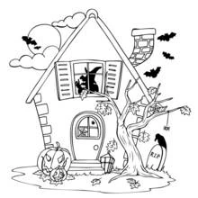 Coloriage Maison hantée avec citrouilles et chauve-souris