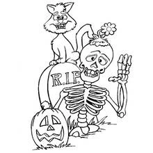 Coloriage Squelette qui salue près d'une tombe et d'un chat