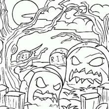 Coloriage Citrouilles monstrueuses dans un cimetière