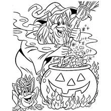 Coloriage Sorcière préparant une potion dans un chaudron citrouille
