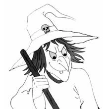 Coloriage Sorcière au grand chapeau et son balai