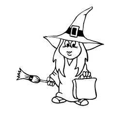 Coloriage Petite sorcière avec un balai et un sac