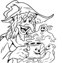 Coloriage Sorcière avec chaudron fumant et fantômes Coloriage Sorcière avec chaudron fumant et fantômes