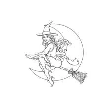 Coloriage Jeune sorcière en short et bottes devant un croissant