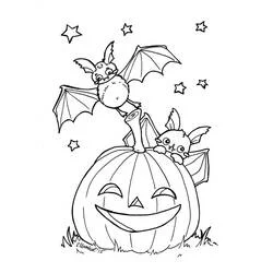 Coloriage Chauve souris d'Halloween jouant sur une citrouille