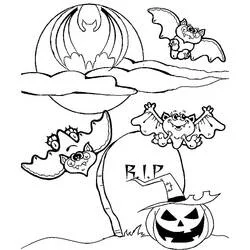 Coloriage Halloween chauve souris volant au-dessus d'un cimetière