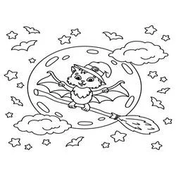 Coloriage Halloween Chauve Souris chat sorcier sur un balai