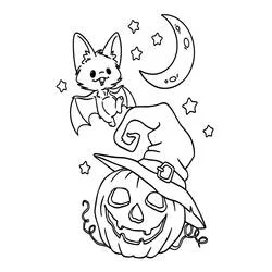 Coloriage Halloween Chauve Souris volant près d'une citrouille