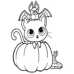 Coloriage Chauve souris posée sur un chaton dans une citrouille