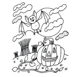 Coloriage Halloween Chauve Souris volant au-dessus d'une citrouille souriante