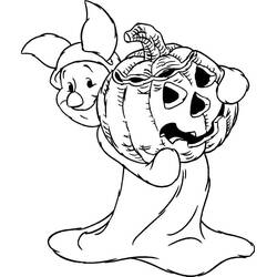 Coloriage Porcinet tenant une citrouille d'Halloween