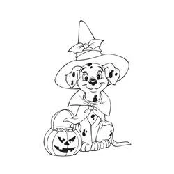 Coloriage Chiot dalmatien déguisé en sorcière pour Halloween