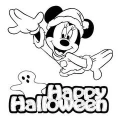 Coloriage Minnie Mouse fait signe avec un fantôme et le texte Happy Halloween