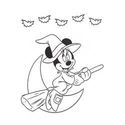 Coloriage Minnie Mouse volant sur son balai devant la lune