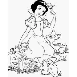 Coloriage Blanche-Neige avec les animaux de la forêt et des citrouilles