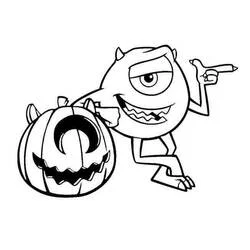 Coloriage Bob Razowski appuyé sur une citrouille d'Halloween