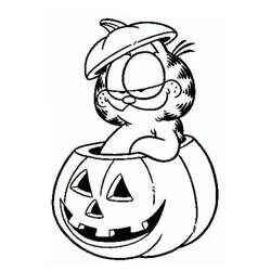 Coloriage Garfield assis dans une citrouille d'Halloween