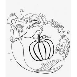 Coloriage La Petite Sirène fêtant Halloween avec Sébastien et Polochon