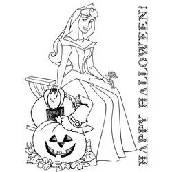 Coloriage Princesse Aurore assise avec des citrouilles d'Halloween