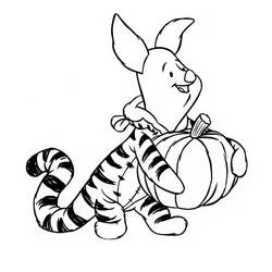 Coloriage Porcinet portant une citrouille en costume de tigre