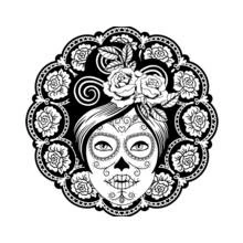 Coloriage Femme tête de mort mexicaine entourée de roses