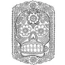 Coloriage Tête de mort mexicaine avec motifs floraux et cadre orné