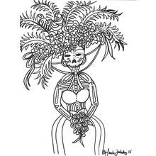 Coloriage Femme squelette à coiffe de plumes et fleurs