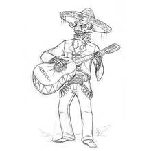 Coloriage Squelette mariachi jouant de la guitare