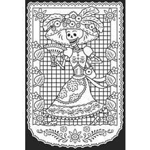 Coloriage Catrina élégante avec chapeau à plumes et éventail