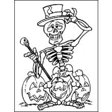 Coloriage Squelette soulevant son chapeau parmi les citrouilles