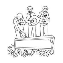 Coloriage Trois squelettes près d'une tombe