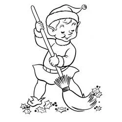 Coloriage Lutin de Noël balayant des feuilles de houx