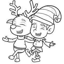 Coloriage Lutin de Noël riant avec son renne