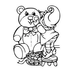Coloriage Lutin de Noël nourrissant un ours en peluche