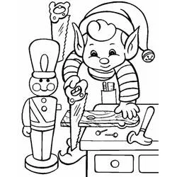 Coloriage Lutin de Noël sciant du bois à son atelier