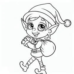 Coloriage Lutin de Noël marchant avec un sac de cadeaux