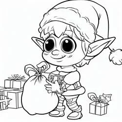 Coloriage Lutin de Noël portant un sac de cadeaux