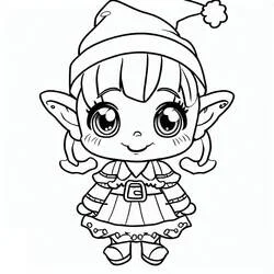 Coloriage Lutin de Noël fillette aux couettes et robe rayée