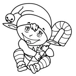 Coloriage Lutin de Noël assis serrant une canne rayée