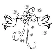 Coloriage Deux colombes tenant un ruban fleuri