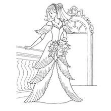 Coloriage Mariée en robe froufroutante sur un balcon