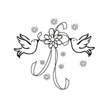 Coloriage Mariage : deux colombes et un ruban fleuri